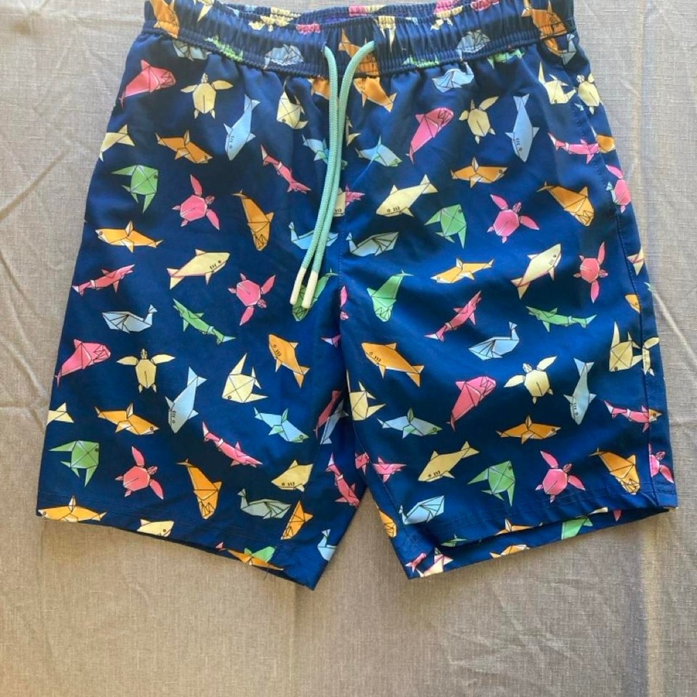 Maamgic kids swim shorts with multicolored origami fish pattern